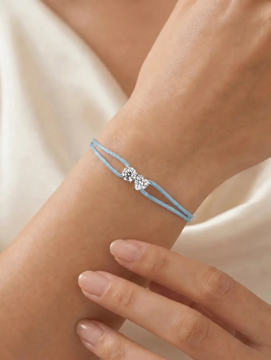 Diamond Satin Bracelet - Two Diamonds - Round & Heart, Blue