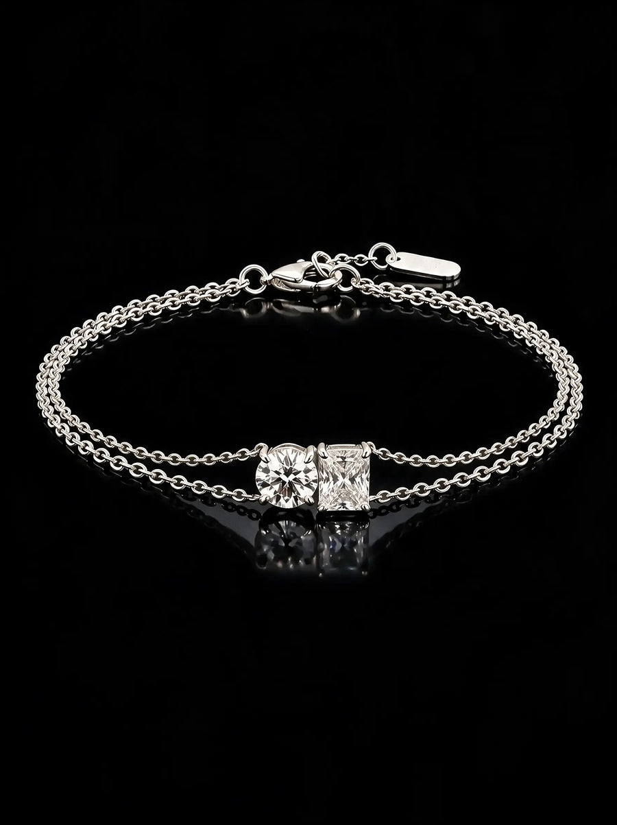 Diamond Bracelet - Two Diamonds - Round & Radiant, White Gold