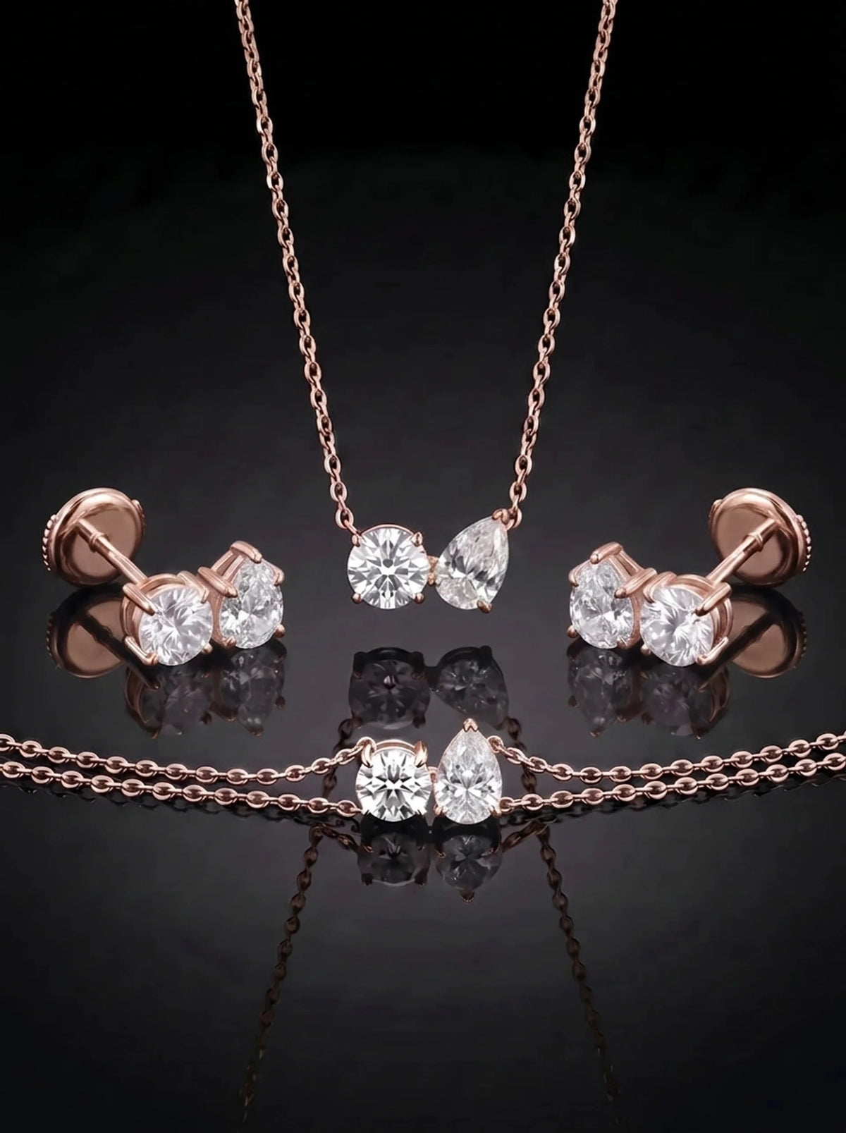 Diamond Set - Two Diamonds - Round & Pear, Rose Gold