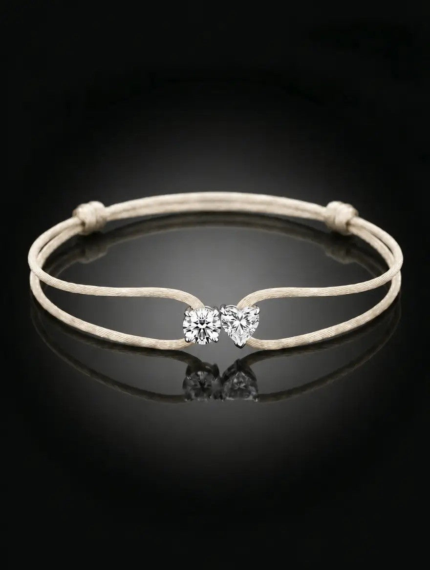 Diamond Satin Bracelet - Two Diamonds - Round & Heart, Ivory