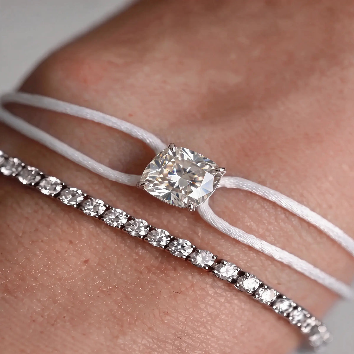Diamond Satin Bracelet - Cushion, White