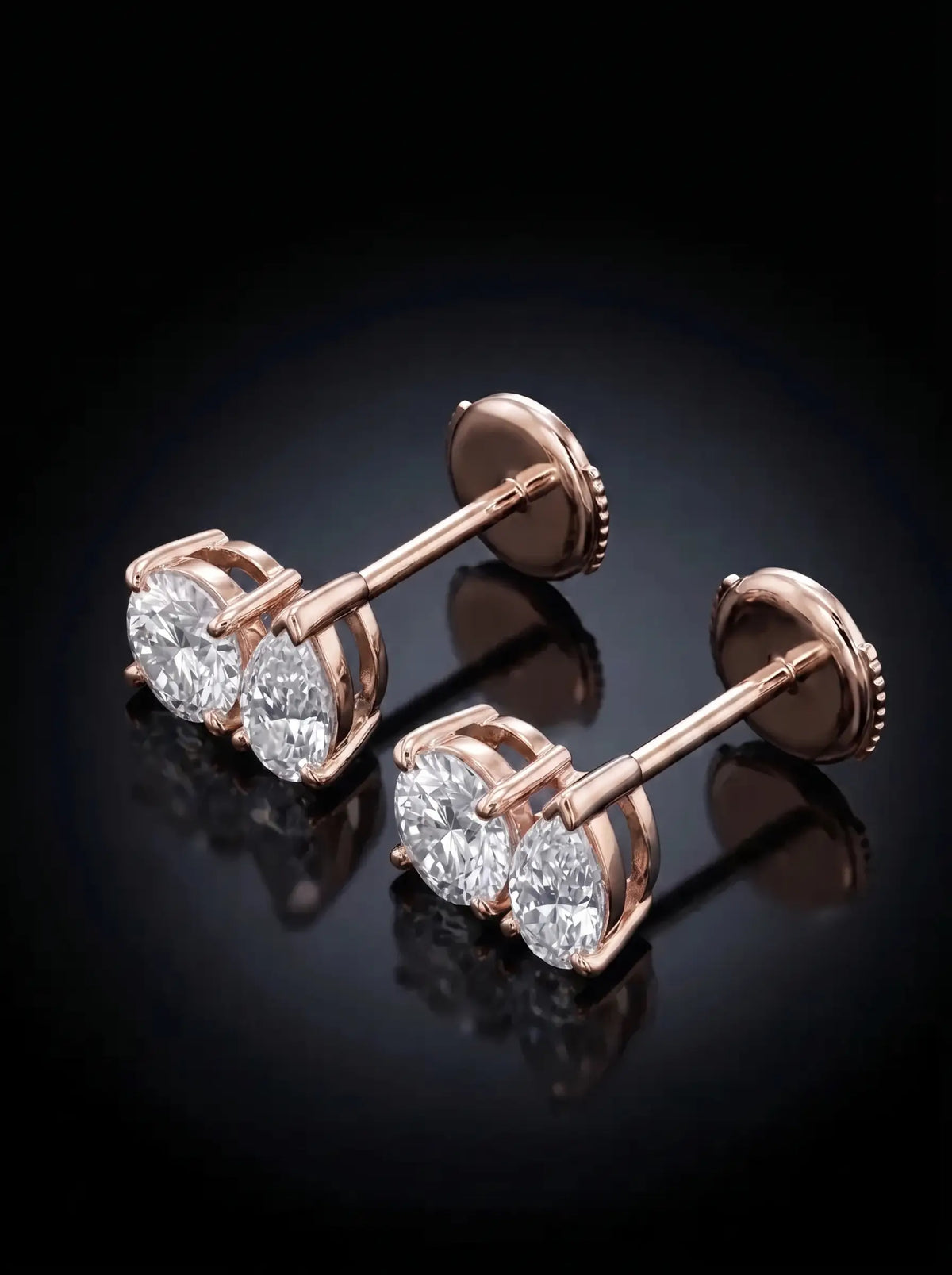 Diamond Studs - Two Diamonds - Round & Pear, Rose Gold