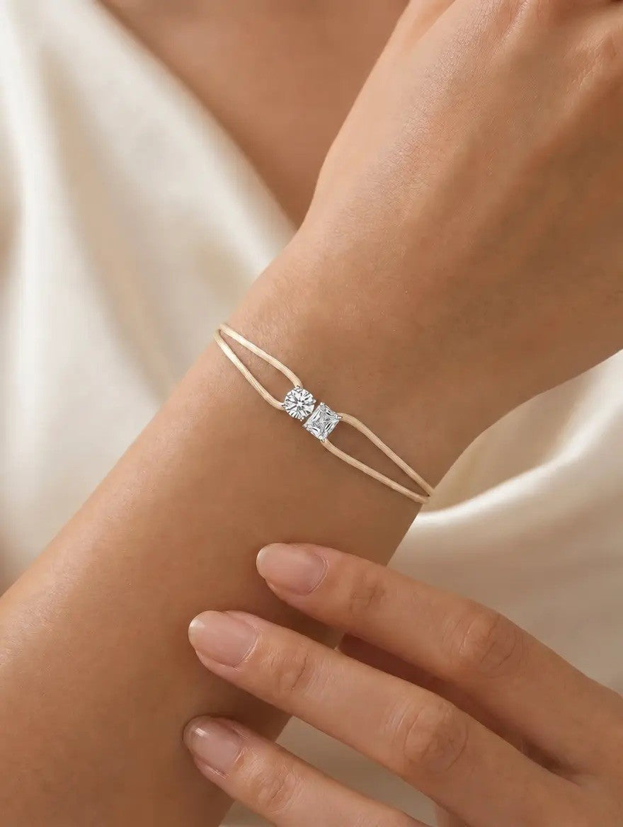 Diamond Satin Bracelet - Two Diamonds - Round & Radiant, Ivory