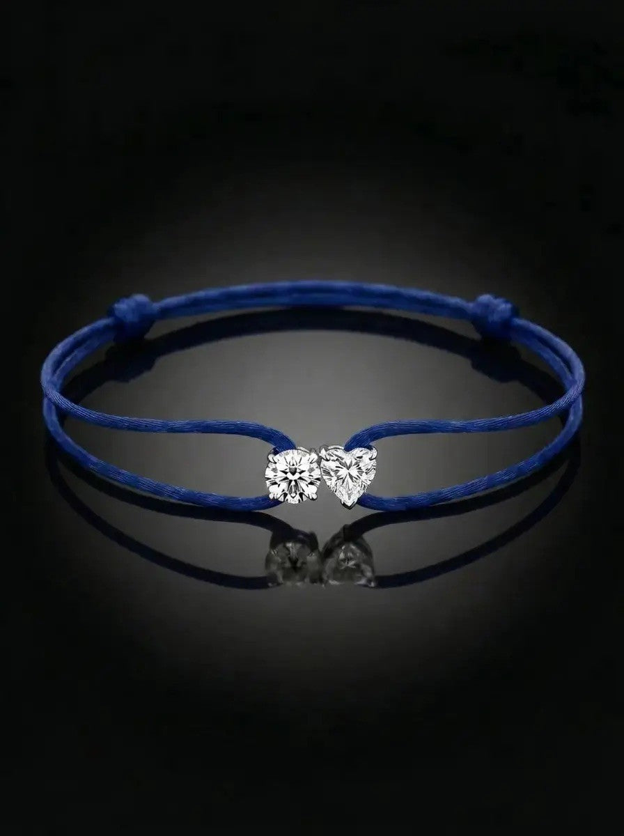 Diamond Satin Bracelet - Two Diamonds - Round & Heart, Dark Blue