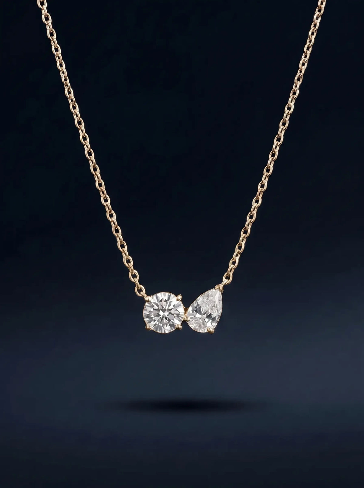 Diamond Necklace - Two Diamonds - Round & Pear, Yellow Gold