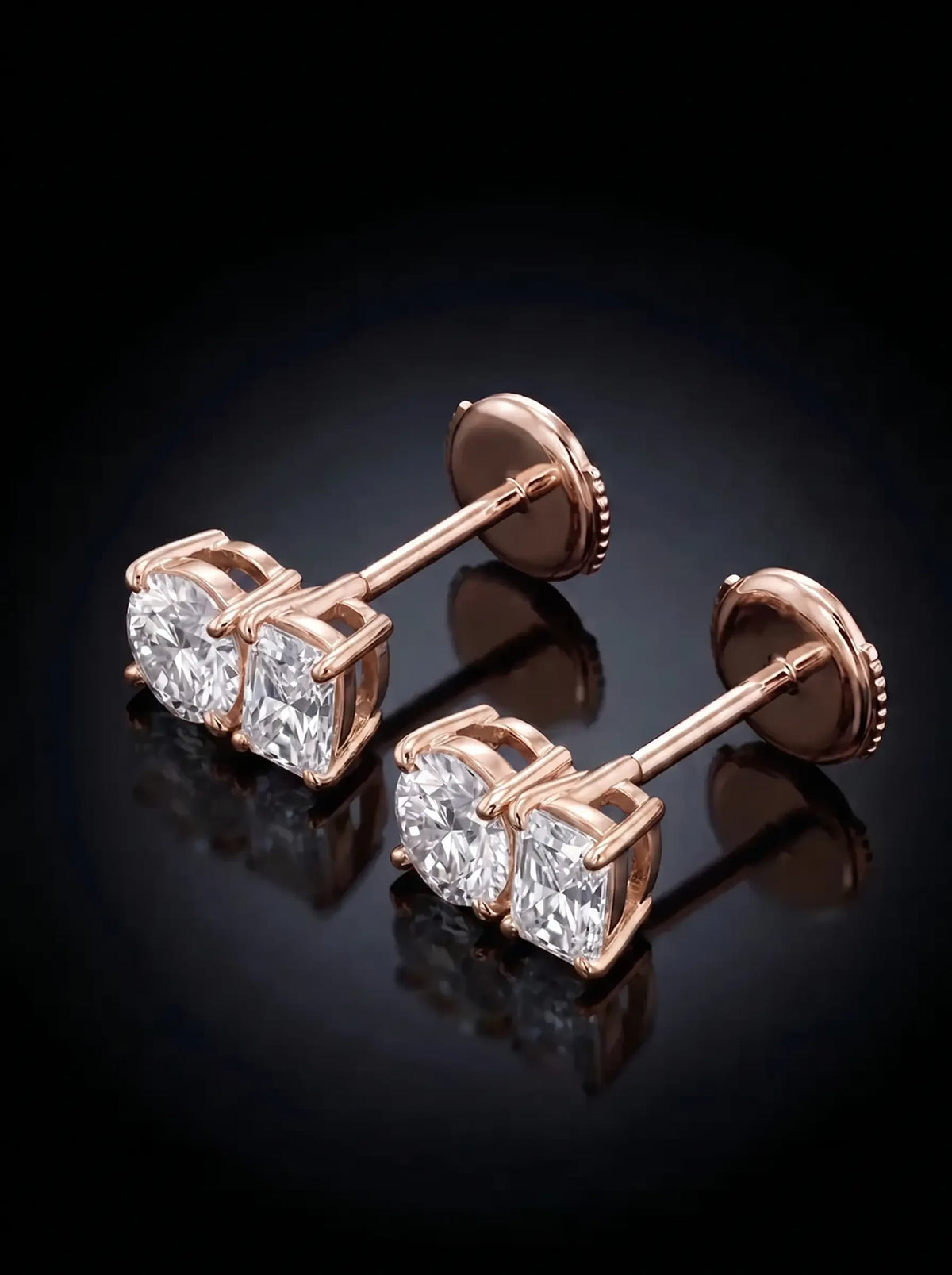 Diamond Studs - Two Diamonds - Round & Radiant, Rose Gold