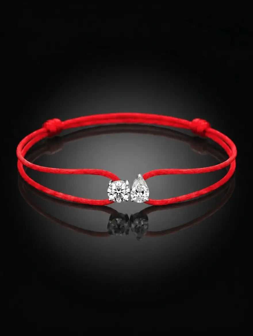 Diamond Satin Bracelet - Two Diamonds - Round & Pear, Red