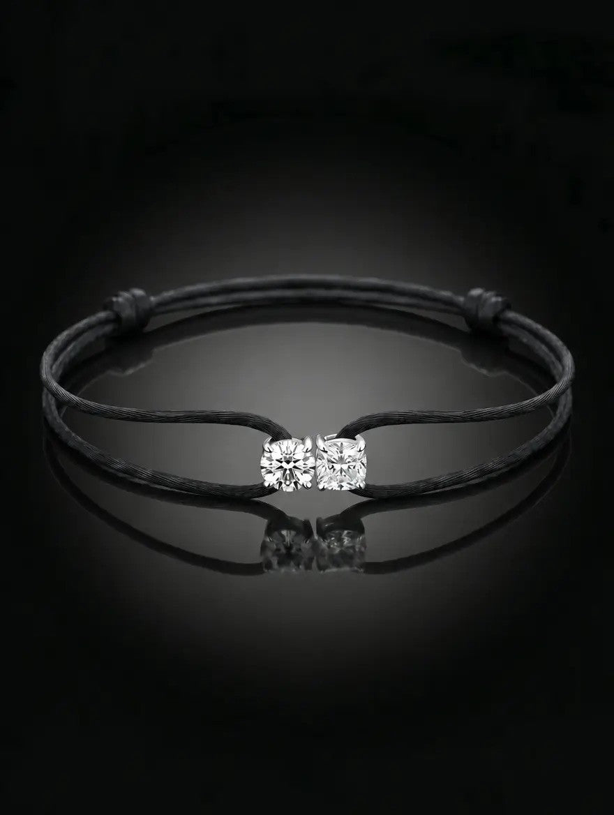 Diamond Satin Bracelet - Two Diamonds - Round & Cushion, Black