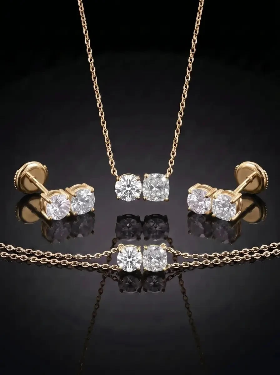 Diamond Set - Two Diamonds - Round & Cushion, Yellow Gold