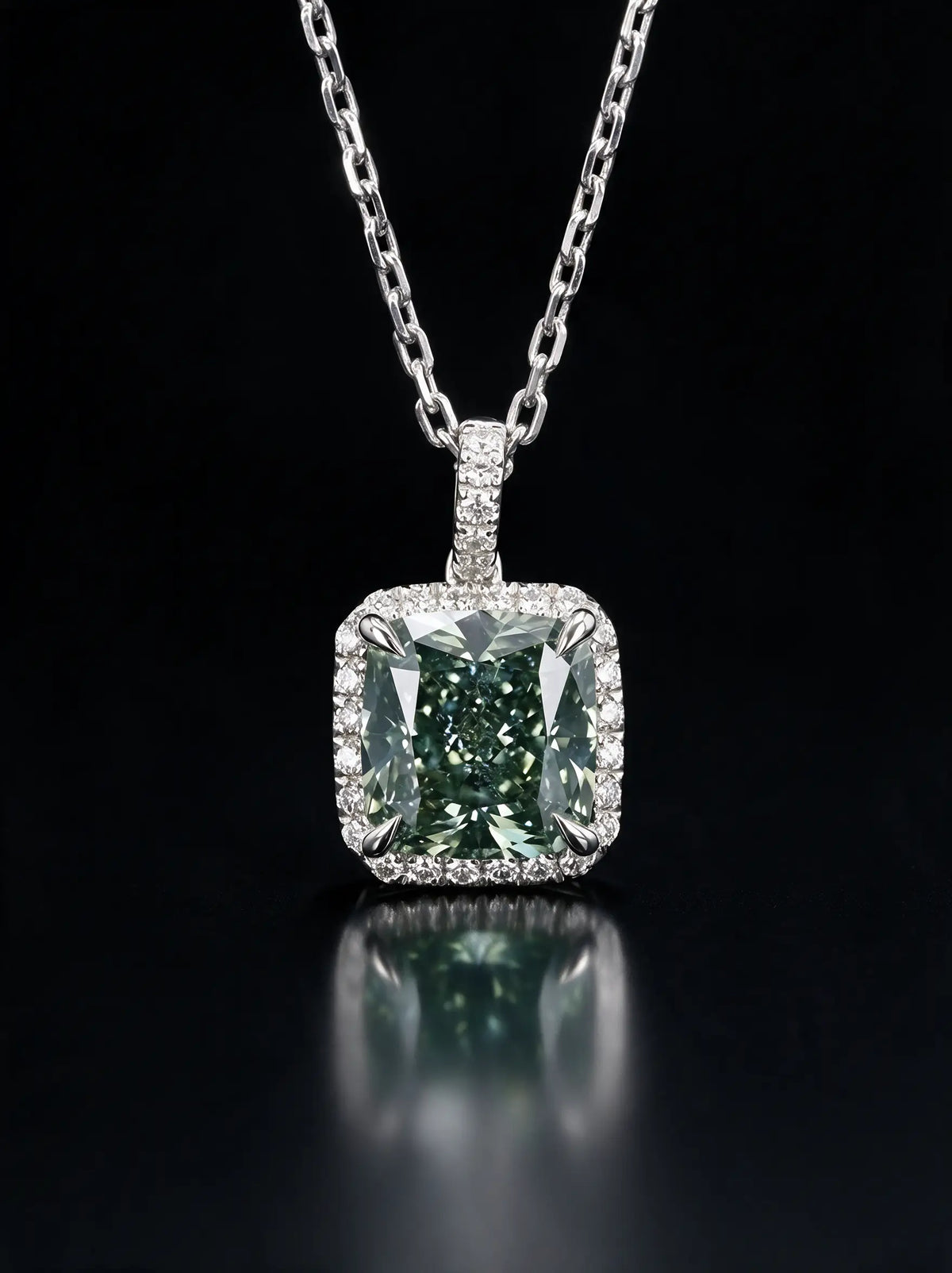 Green Diamond Cushion Necklace with Halo