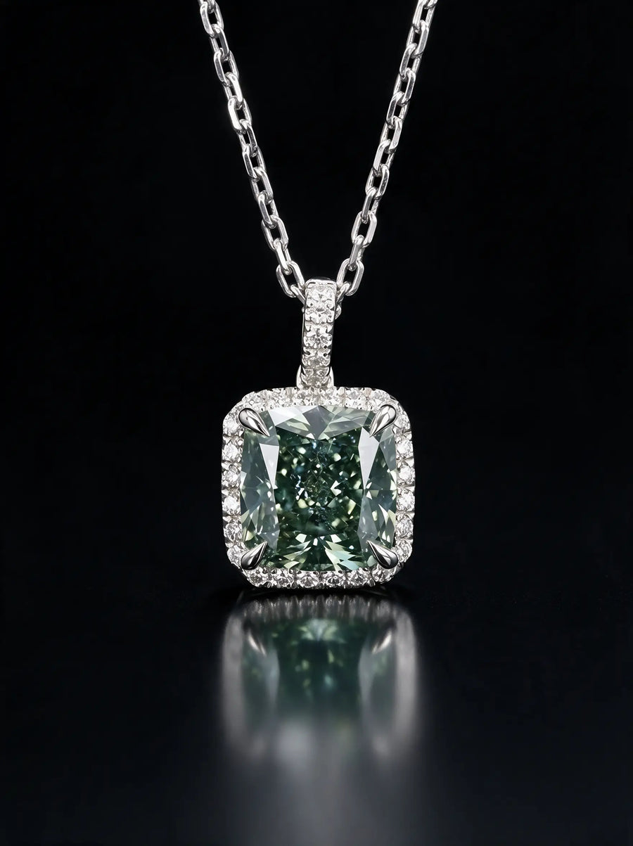 Green Diamond Cushion Necklace with Halo
