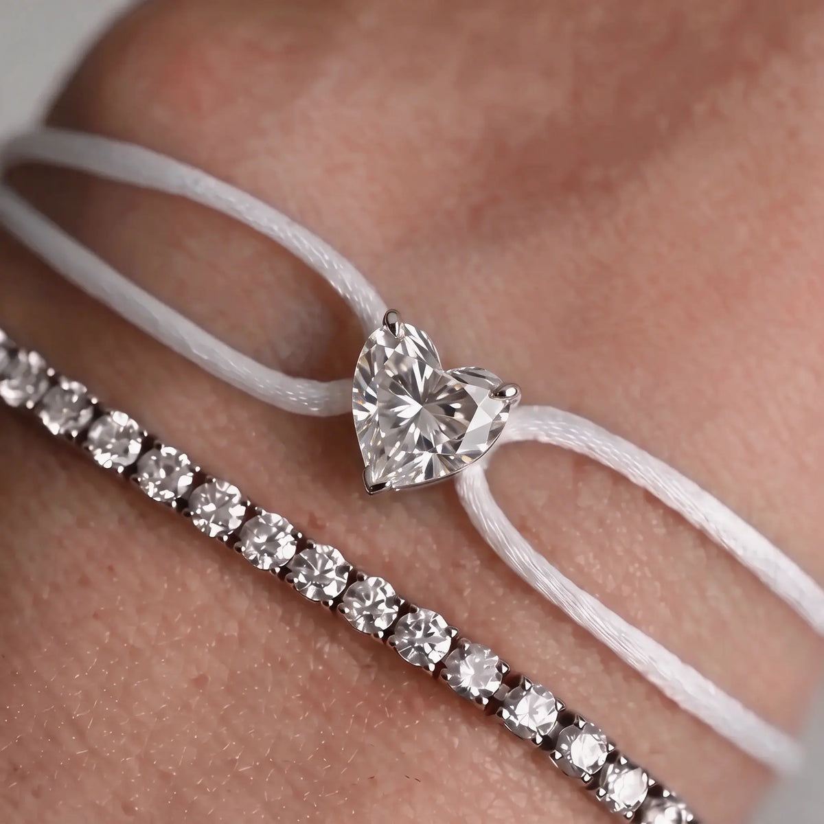 Diamond Satin Bracelet - Heart, White