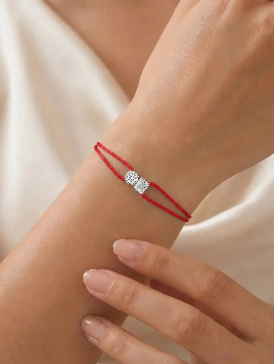 Diamond Satin Bracelet - Two Diamonds - Round & Radiant, Red