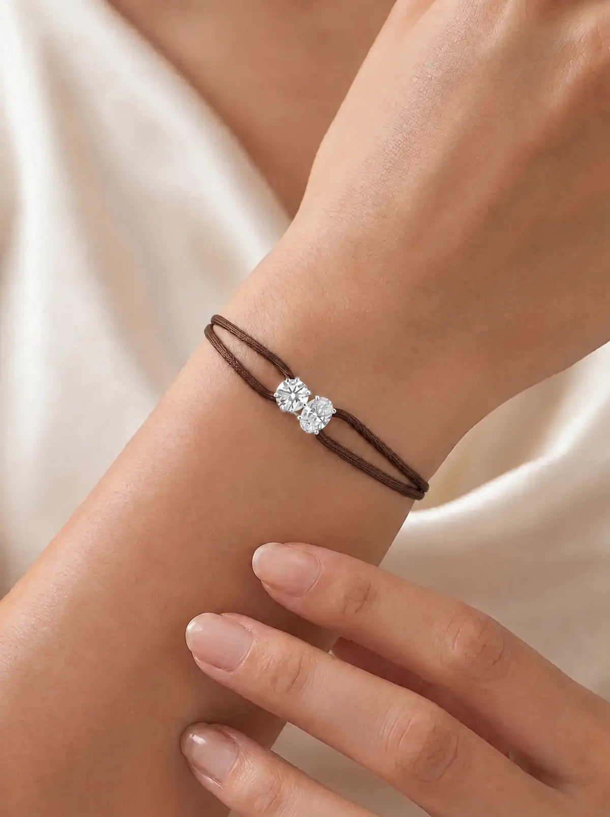 Diamond Satin Bracelet - Two Diamonds - Round & Oval, Brown
