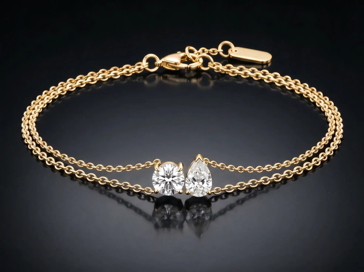 Diamond Bracelet - Two Diamonds - Round & Pear, Yellow Gold