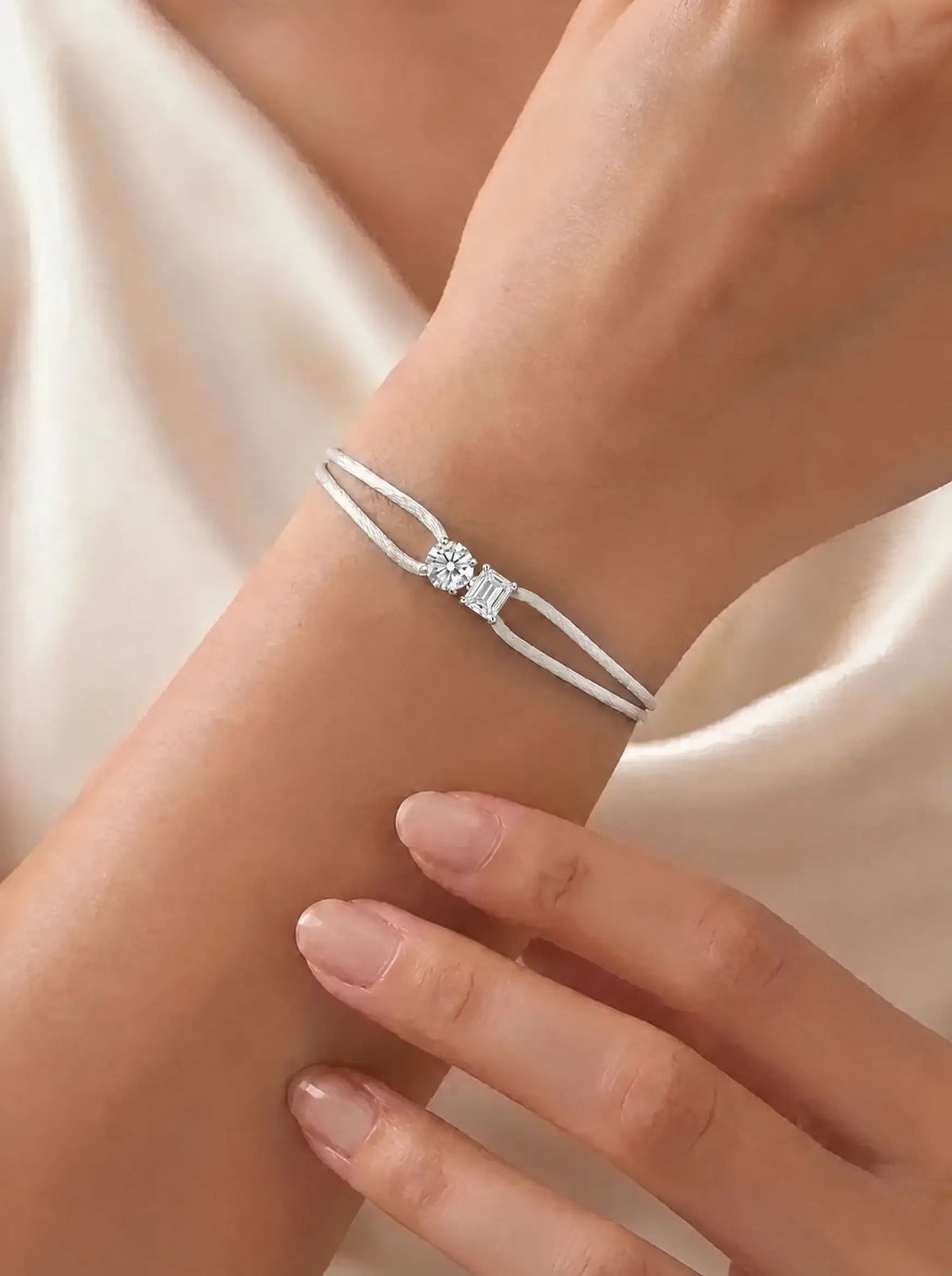Diamond Satin Bracelet - Two Diamonds - Round & Emerald, White