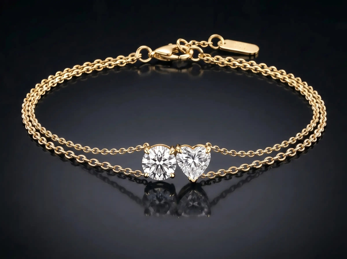 Diamond Bracelet - Two Diamonds - Round & Heart, Yellow Gold