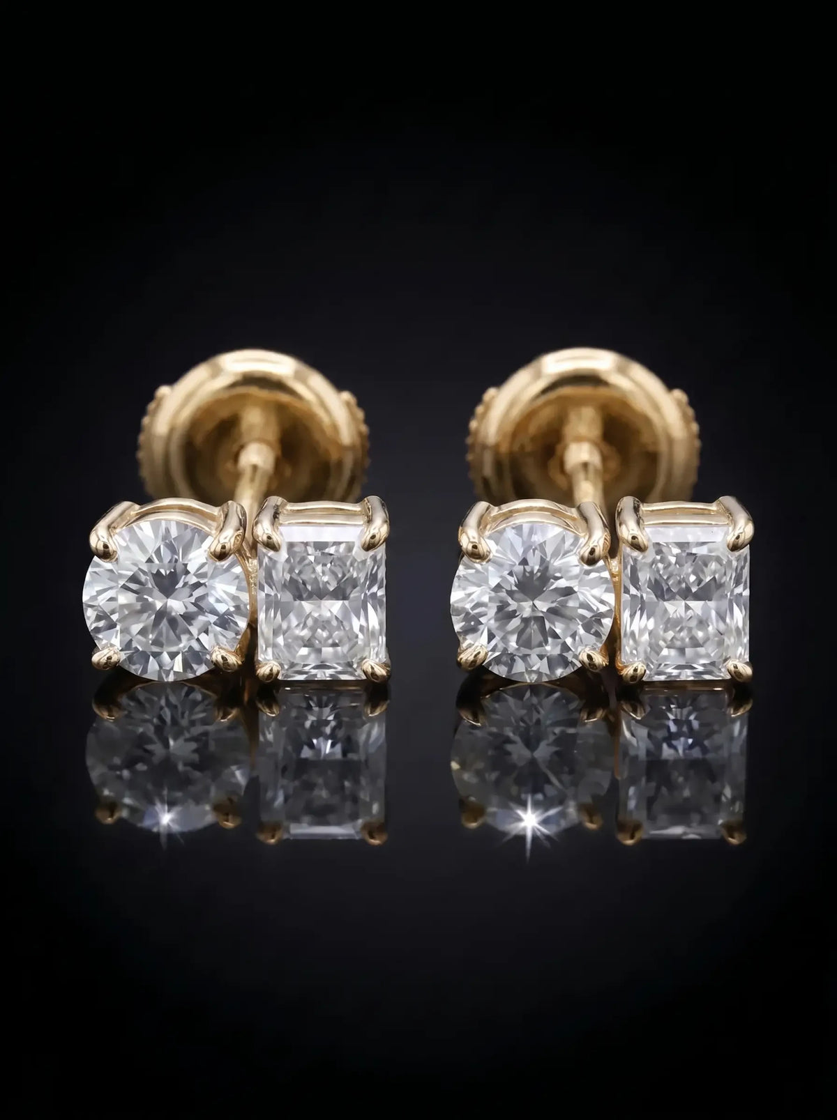 Diamond Studs - Two Diamonds - Round & Radiant, Yellow Gold