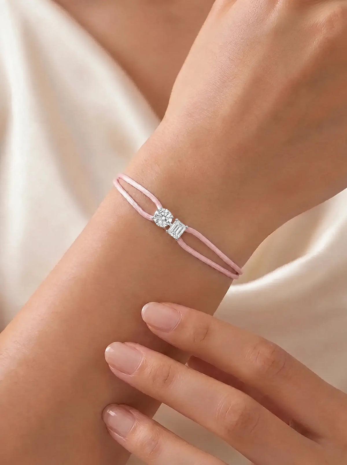 Diamond Satin Bracelet - Two Diamonds - Round & Emerald, Pink