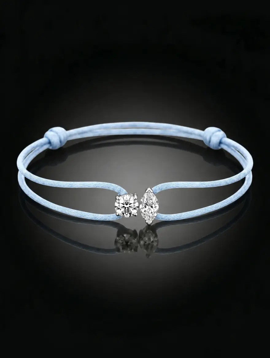 Diamond Satin Bracelet - Two Diamonds - Round & Marquise, Blue