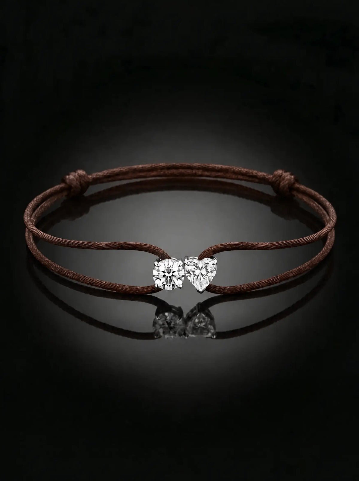Diamond Satin Bracelet - Two Diamonds - Round & Heart, Brown