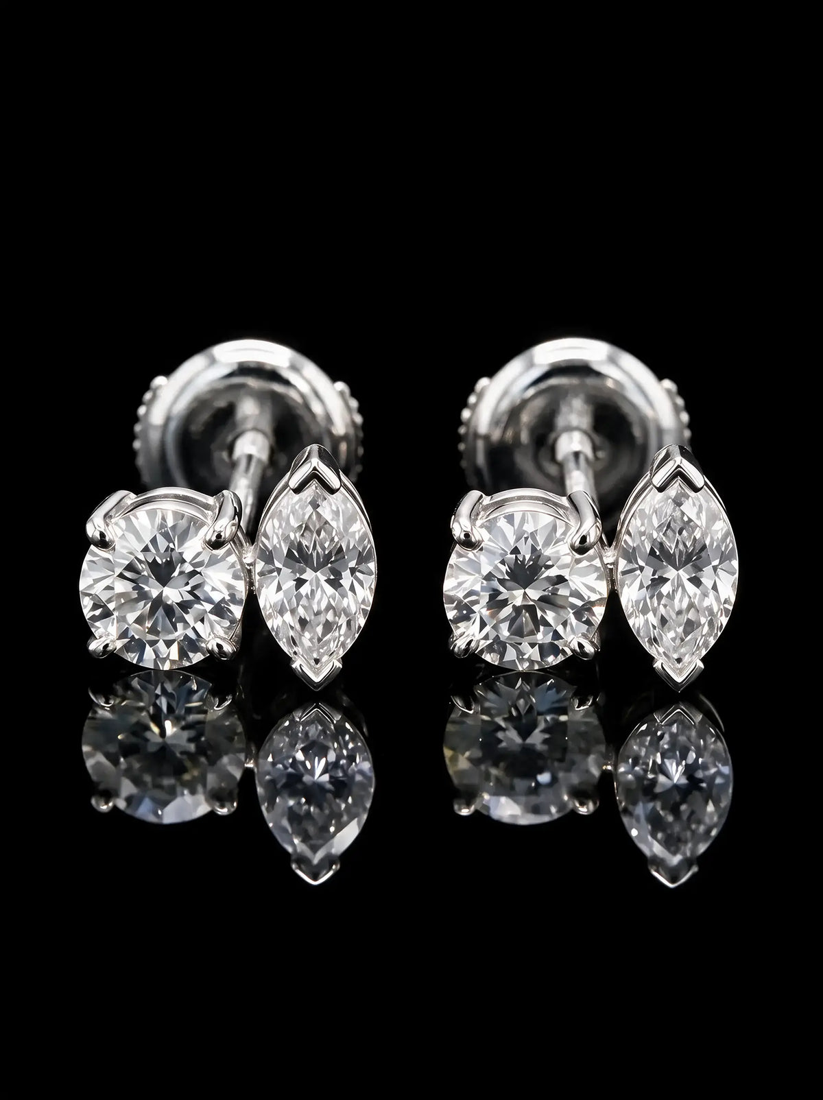Diamond Studs - Two Diamonds - Round & Marquise, White Gold