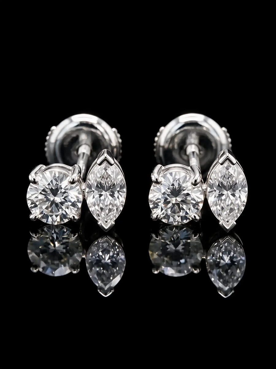 Diamond Studs - Two Diamonds - Round & Marquise, White Gold