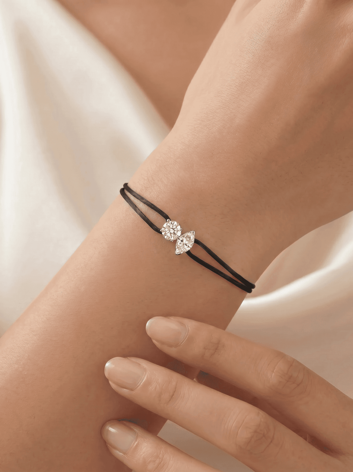 Diamond Satin Bracelet - Two Diamonds - Round & Marquise, Black