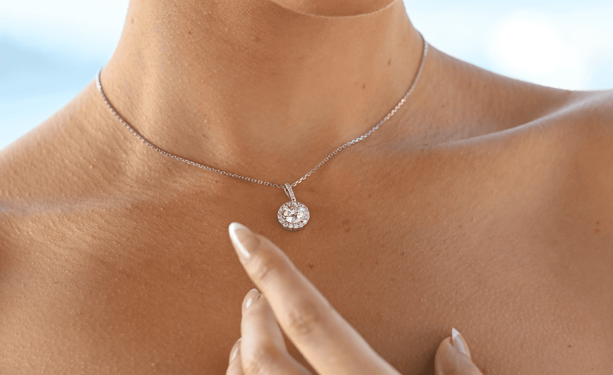 Round Diamond Necklace with Halo - Drop Pendant - 4