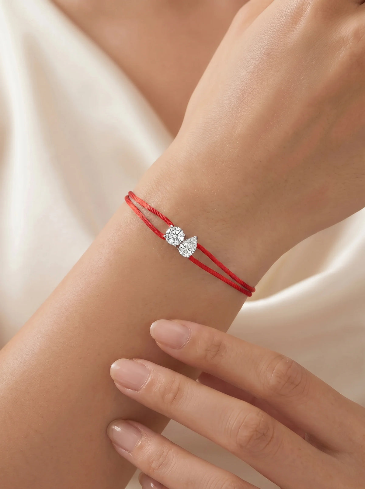 Diamond Satin Bracelet - Two Diamonds - Round & Pear, Red