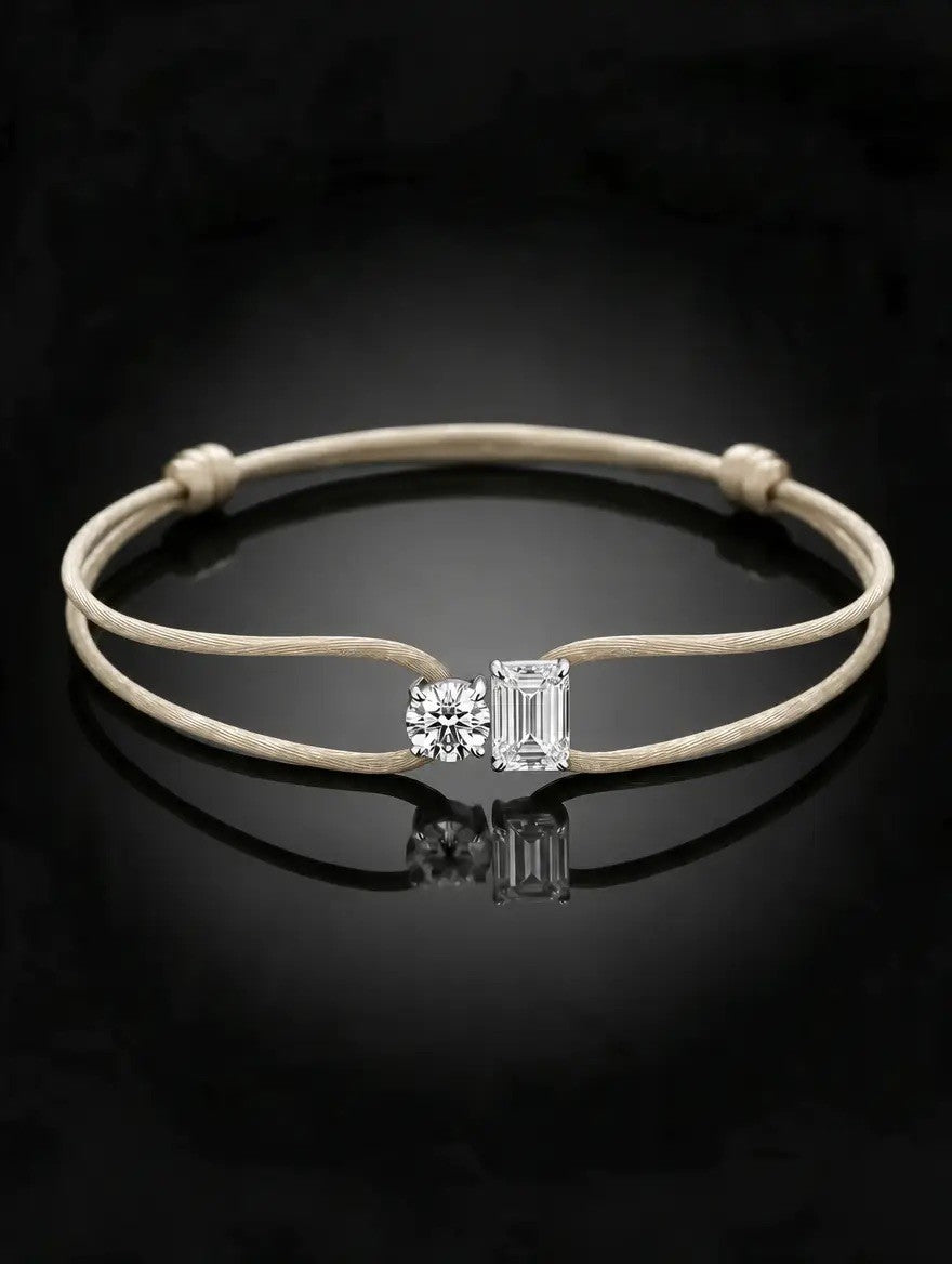 Diamond Satin Bracelet - Two Diamonds - Round & Emerald, Ivory