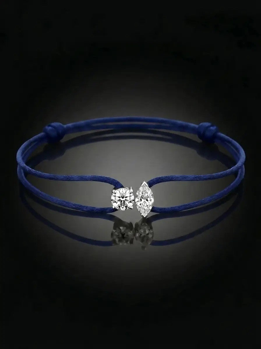 Diamond Satin Bracelet - Two Diamonds - Round & Marquise, Dark Blue