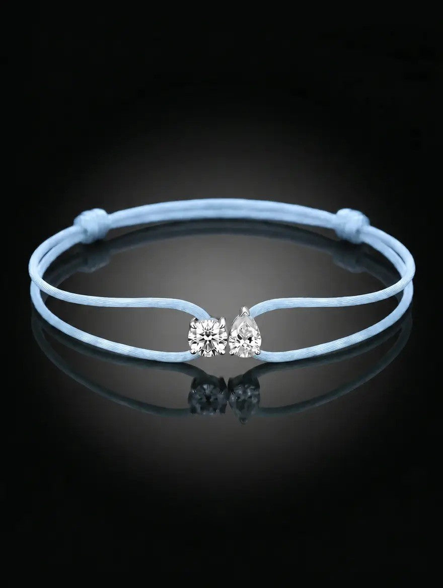 Diamond Satin Bracelet - Two Diamonds - Round & Pear, Blue
