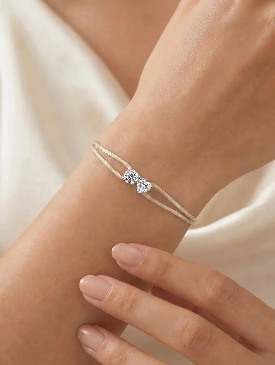Diamond Satin Bracelet - Two Diamonds - Round & Heart, Ivory