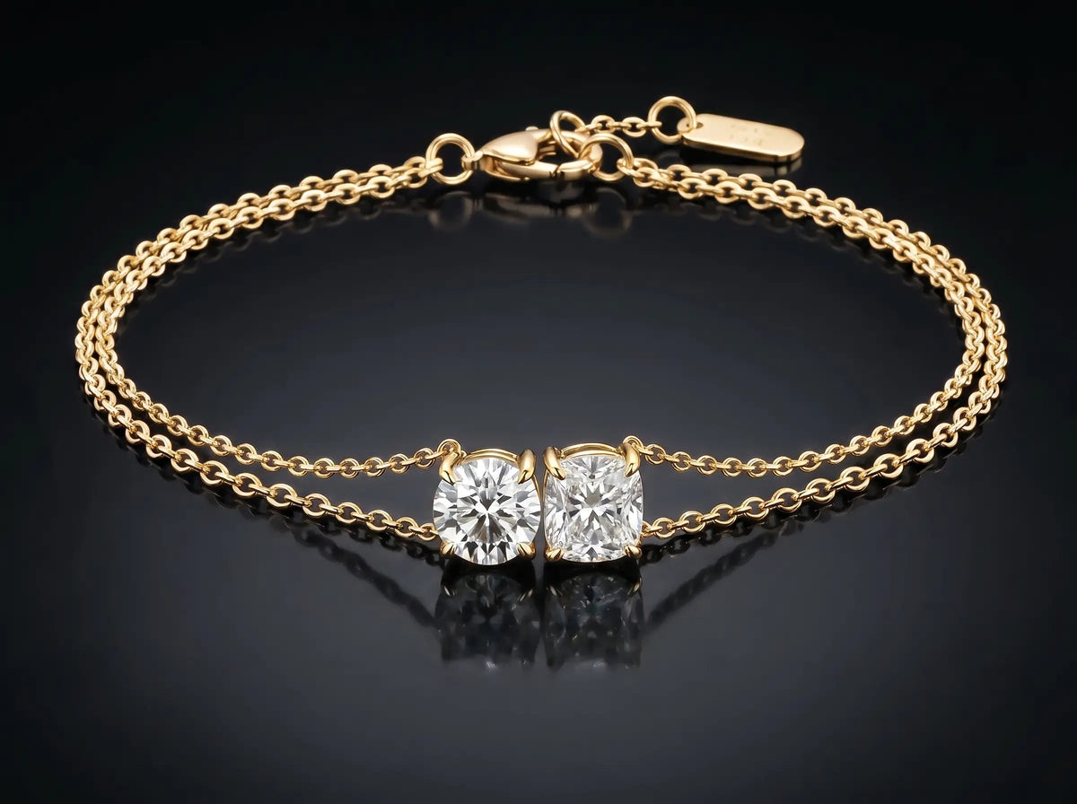 Diamond Bracelet - Two Diamonds - Round & Cushion, Yellow Gold