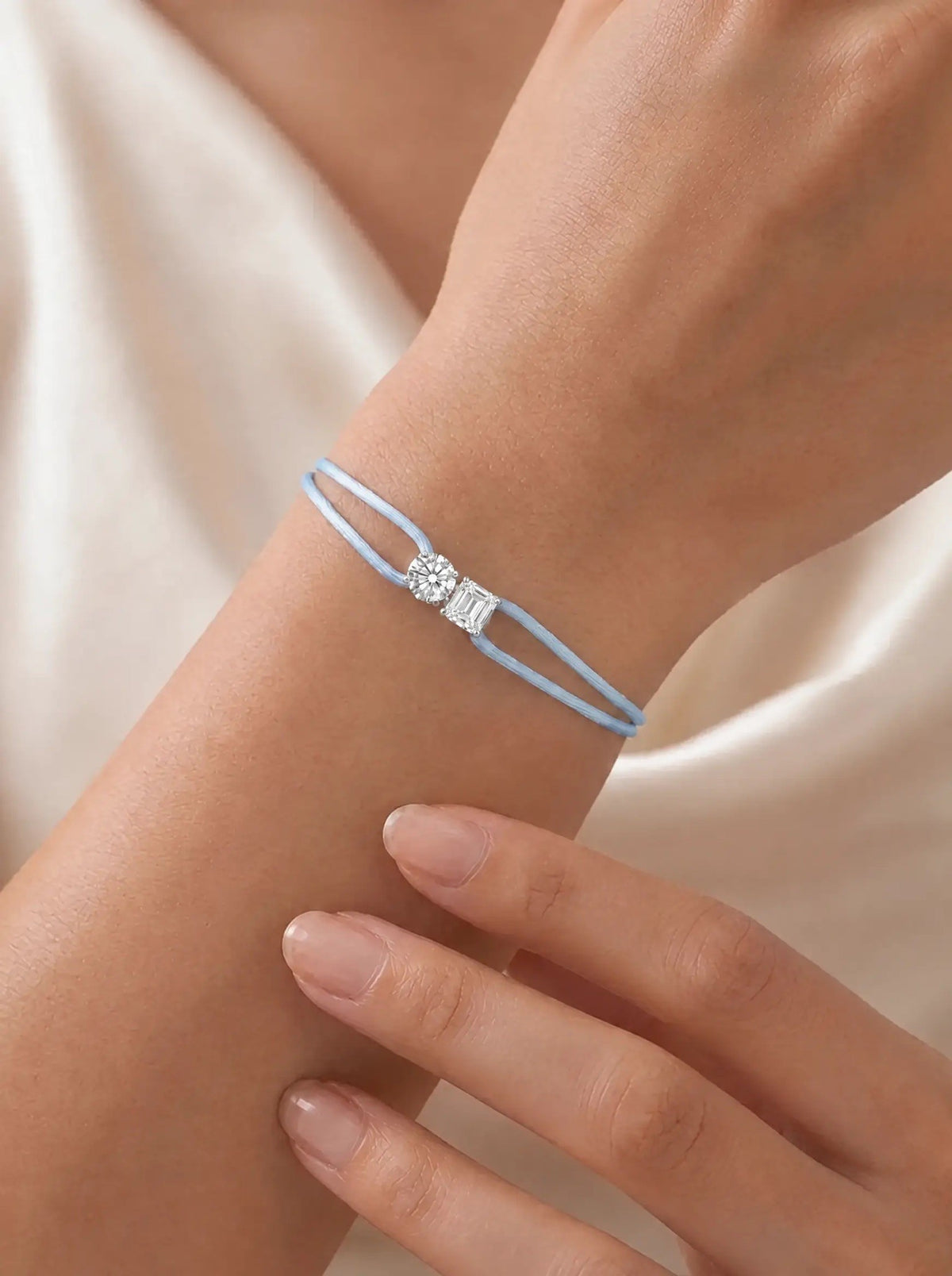 Diamond Satin Bracelet - Two Diamonds - Round & Emerald, Blue