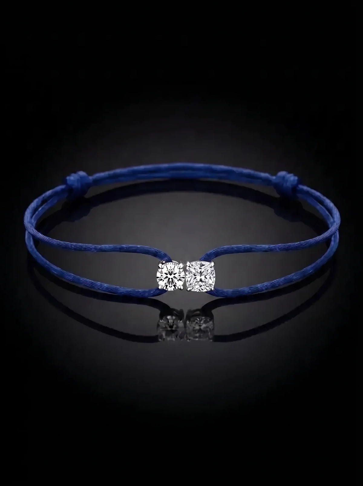 Diamond Satin Bracelet - Two Diamonds - Round & Cushion, Dark Blue