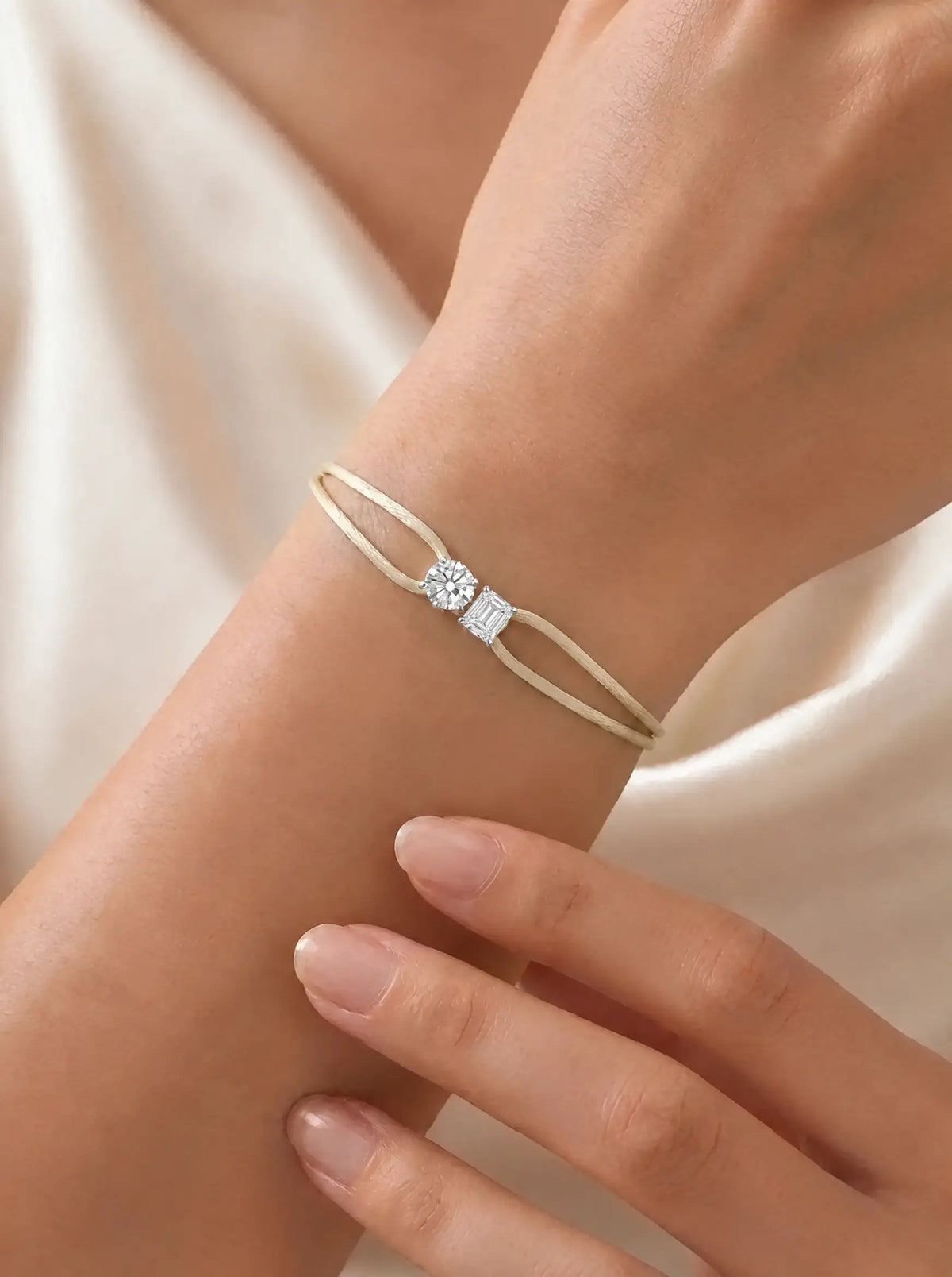 Diamond Satin Bracelet - Two Diamonds - Round & Emerald, Ivory