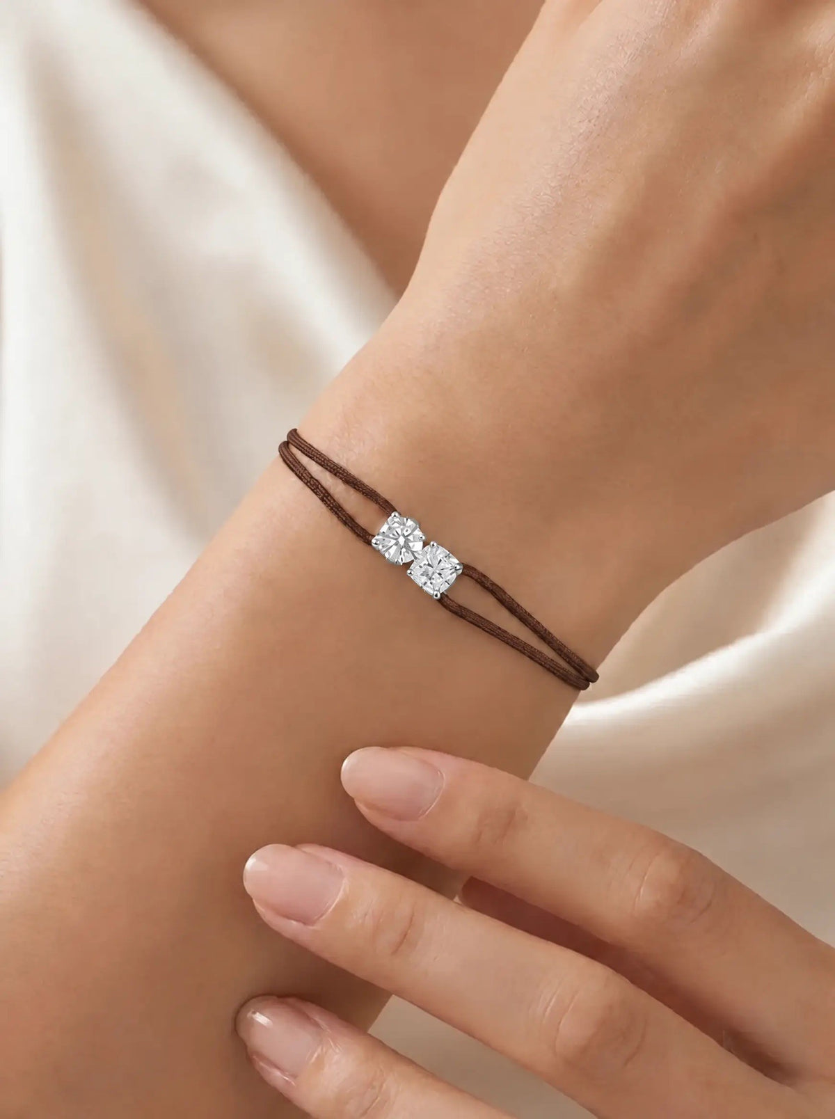 Diamond Satin Bracelet - Two Diamonds - Round & Cushion, Brown