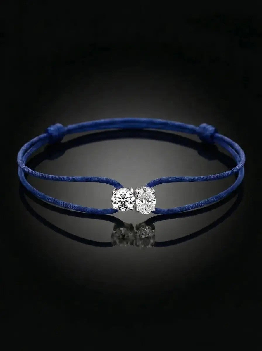 Diamond Satin Bracelet - Two Diamonds - Round & Oval, Dark Blue