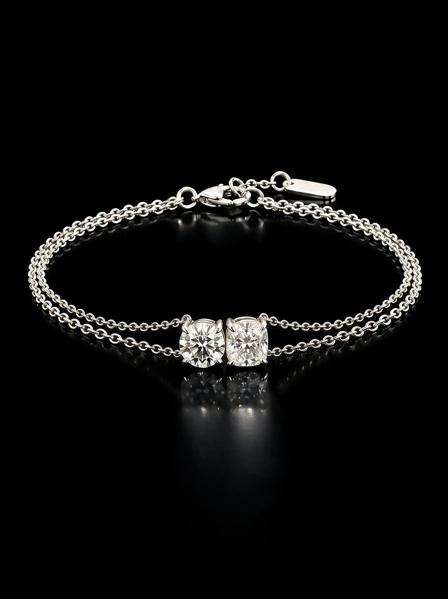 Diamond Bracelet - Two Diamonds - Round & Cushion, White Gold