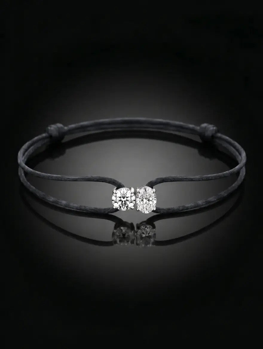 Diamond Satin Bracelet - Two Diamonds - Round & Oval, Black