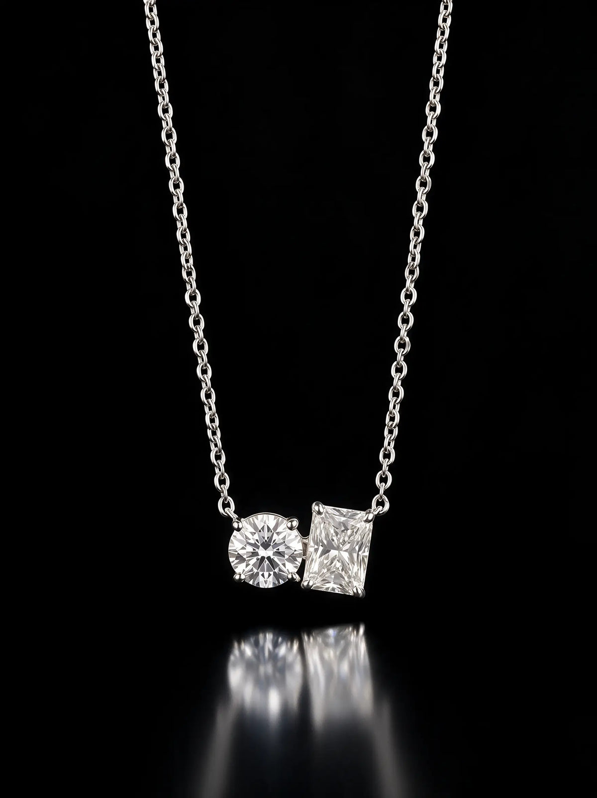 Diamond Necklace - Two Diamonds - Round & Radiant, White Gold