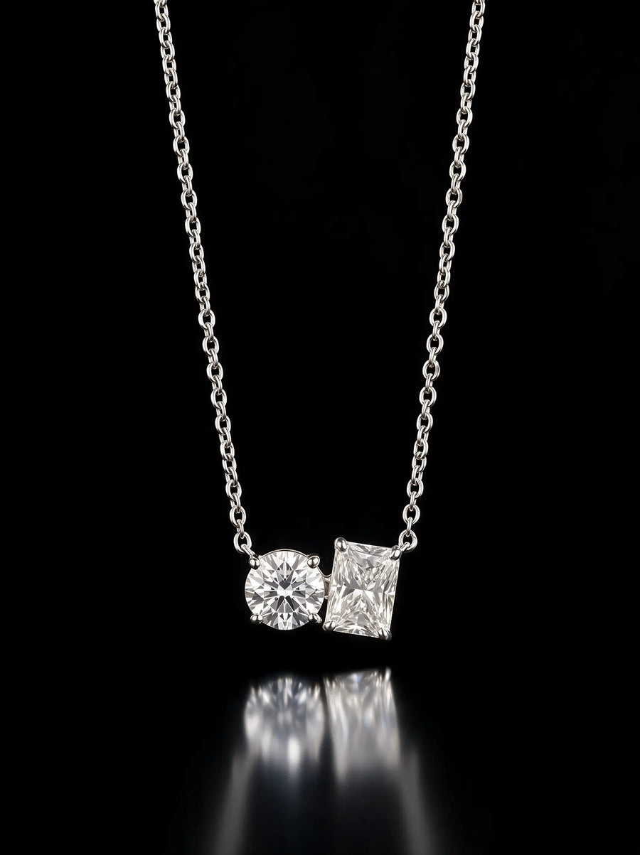Diamond Necklace - Two Diamonds - Round & Radiant, White Gold