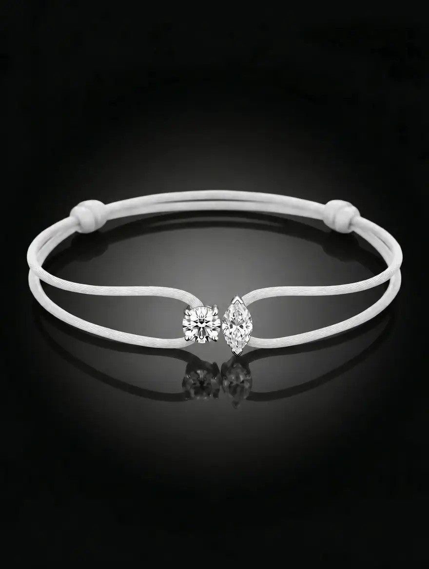 Diamond Satin Bracelet - Two Diamonds - Round & Marquise, White