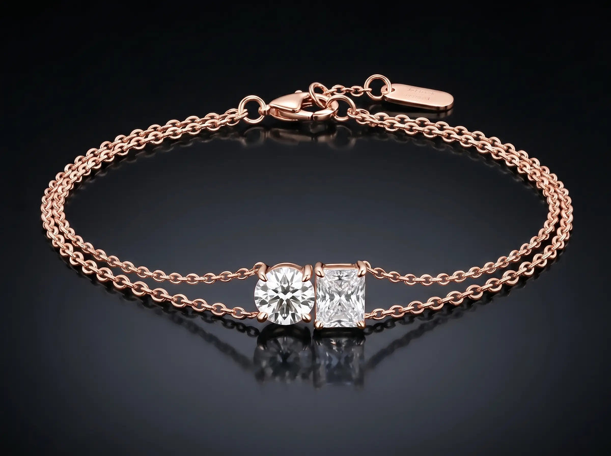 Diamond Bracelet - Two Diamonds - Round & Radiant, Rose Gold