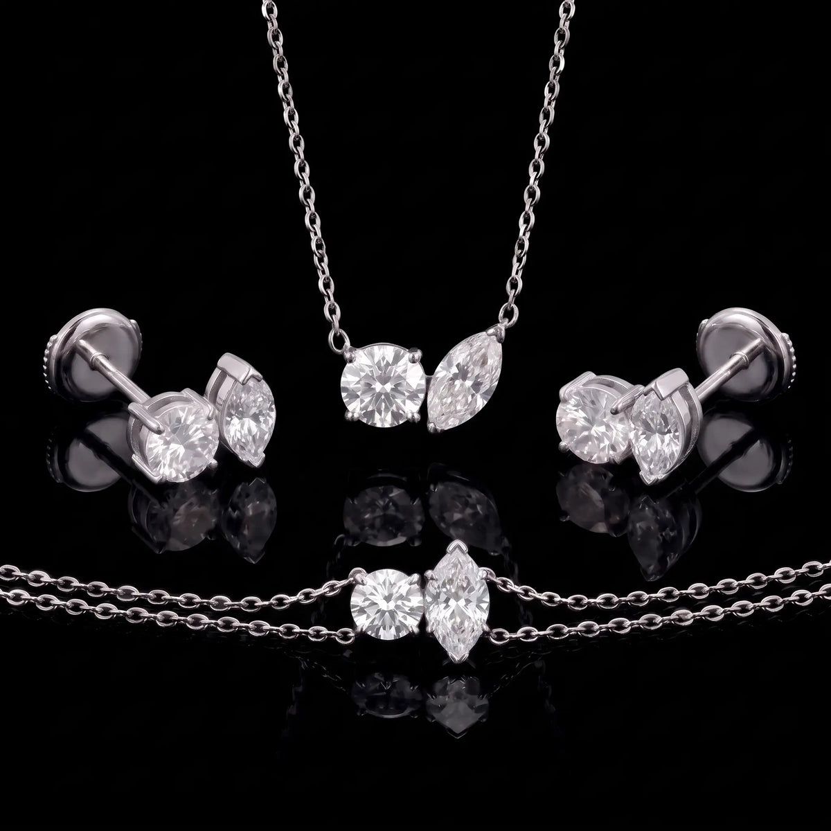 Diamond Set - Two Diamonds - Round & Marquise, White Gold