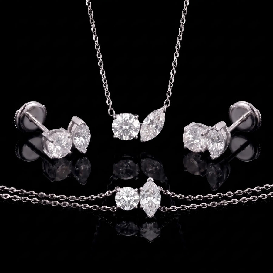 Diamond Set - Two Diamonds - Round & Marquise, White Gold