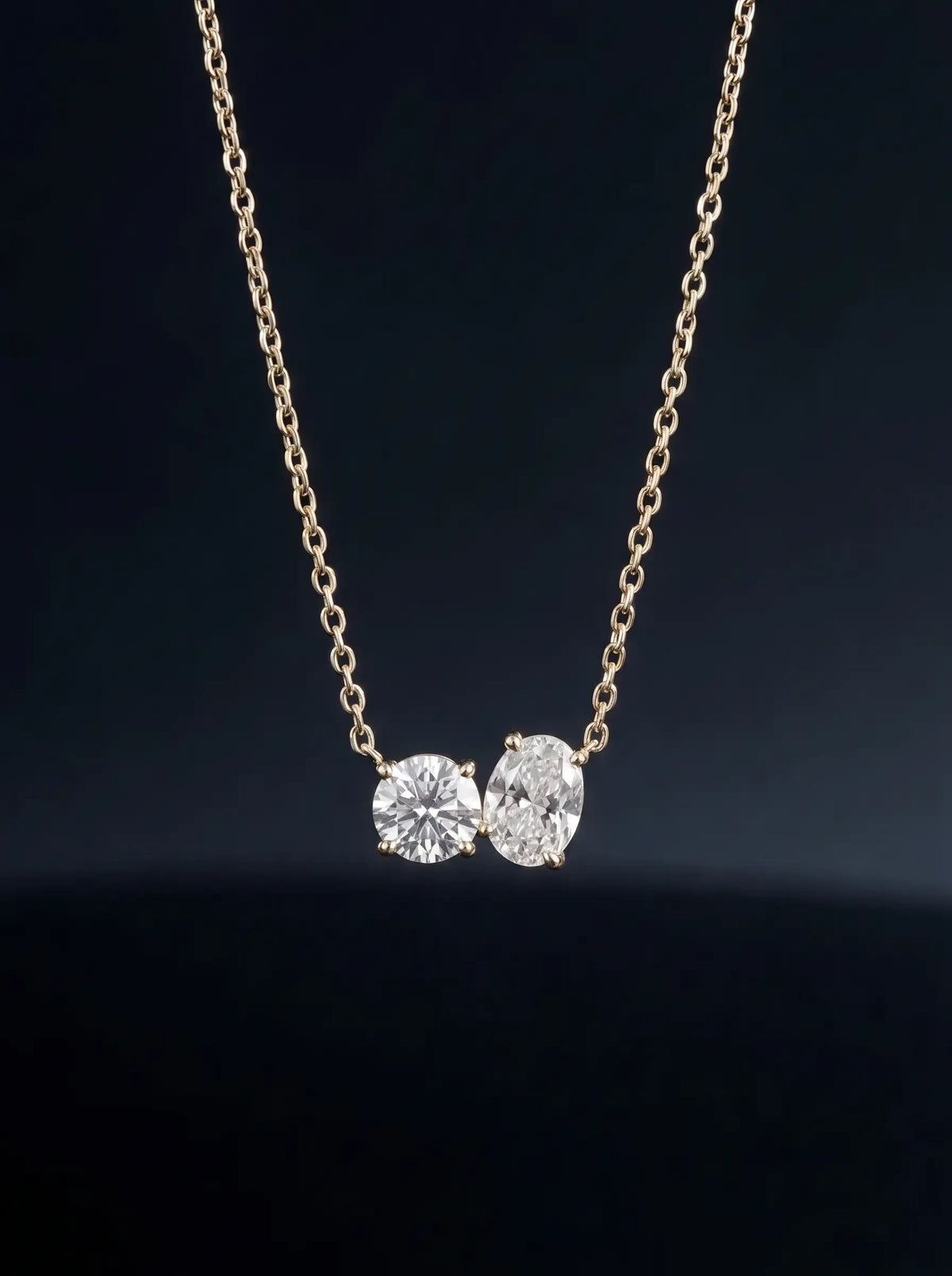 Diamond Necklace - Two Diamonds - Round & Oval, Yellow Gold