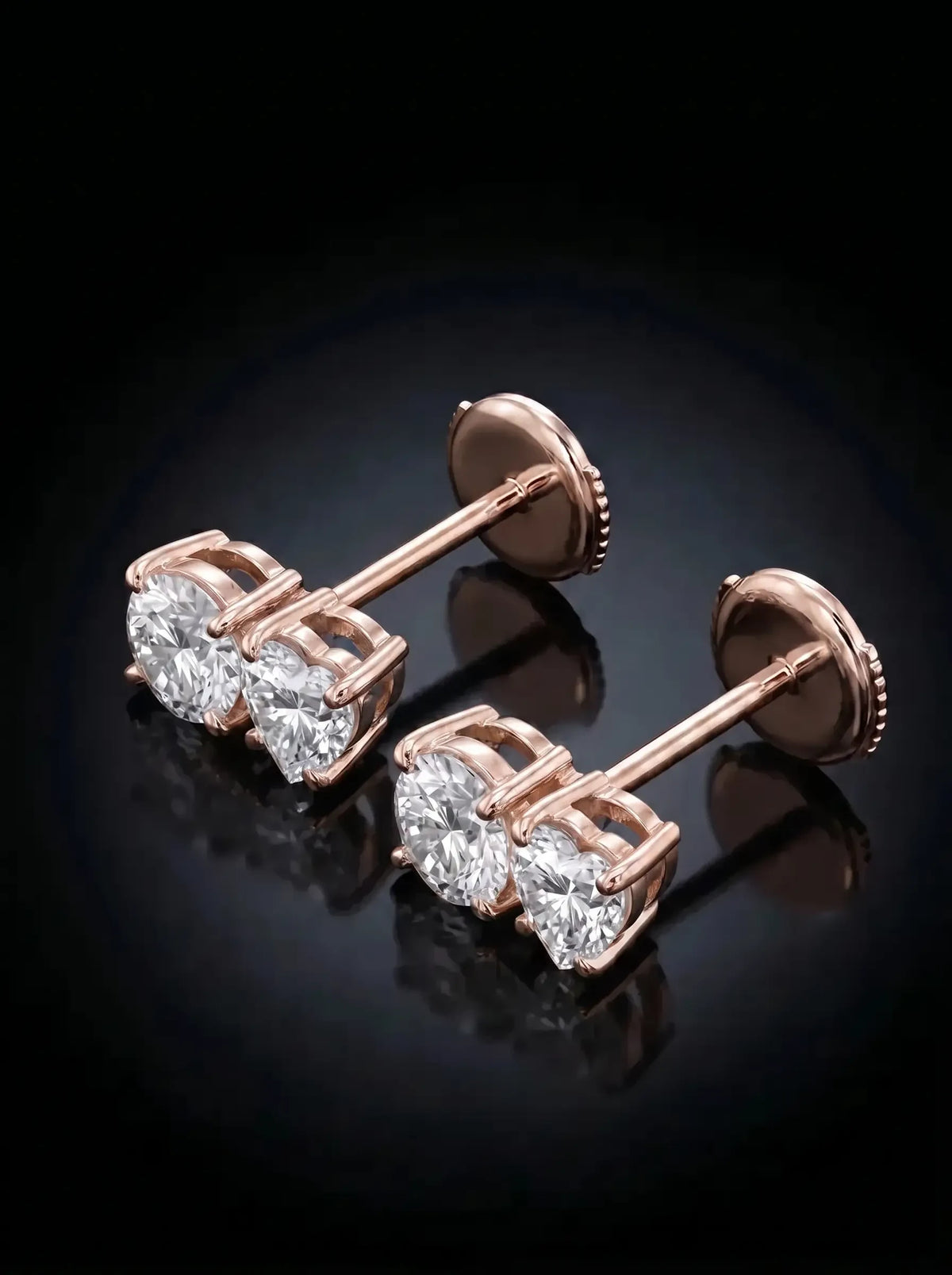 Diamond Studs - Two Diamonds - Round & Heart, Rose Gold
